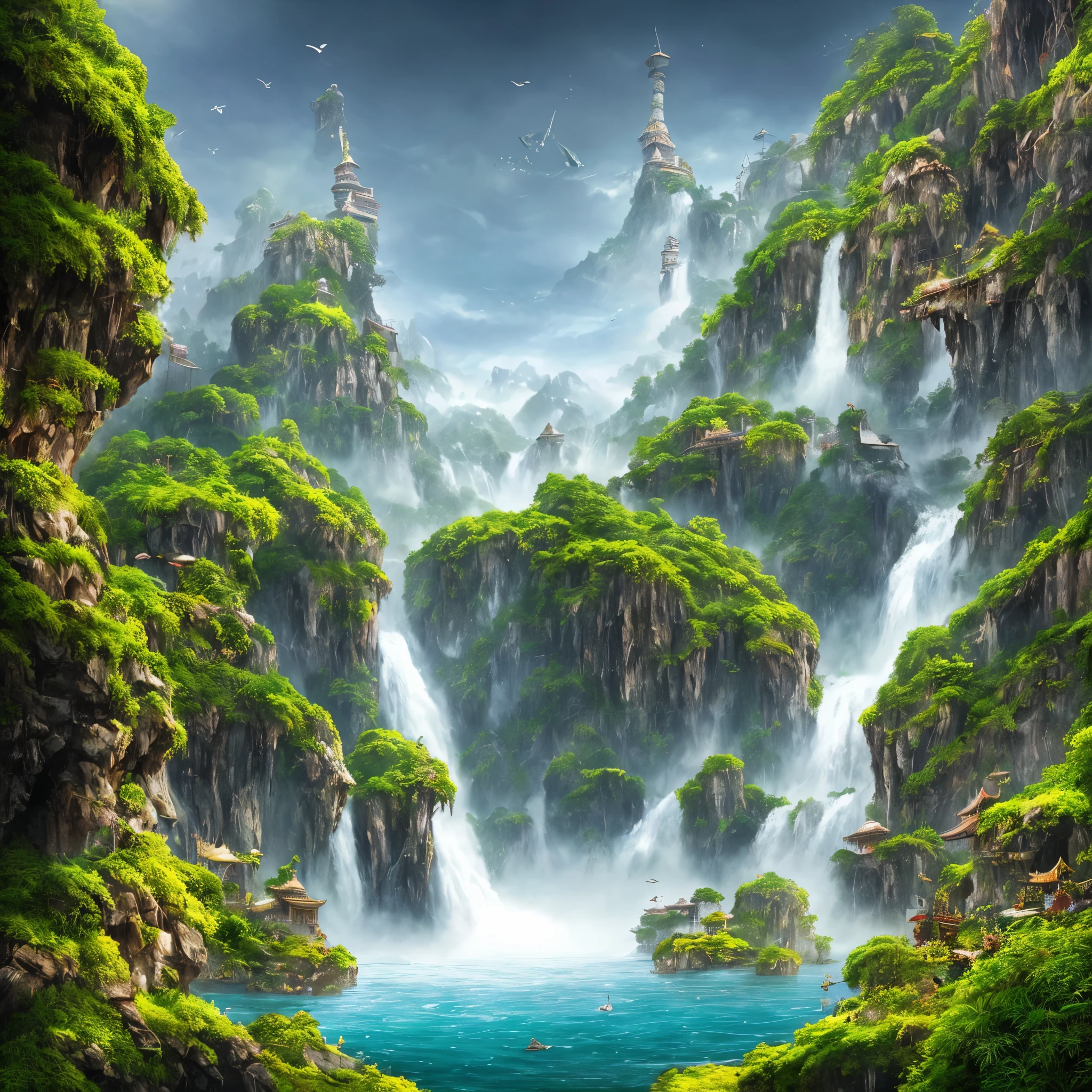 many islands floating in the air々, Airships of all sizes flying in the sky, martial arts, Ancient Chinese architecture, waterfall, Fantasy, Wonderland, Grow magical plants, haze, Extreme Detail, Realistic Light, A magnificent composition, (Intricate details), (Hyper Detail: 1.2), Art Station, (masterpiece, highest quality, Super HD), 32k --v6