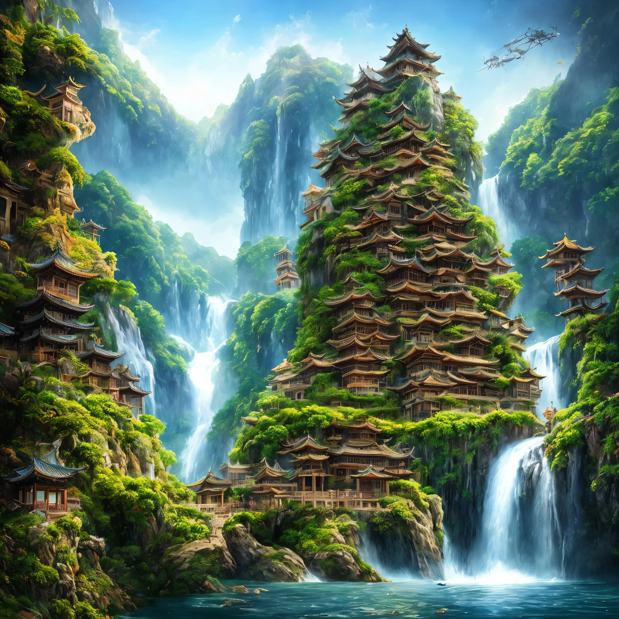 many islands floating in the air々, Airships of all sizes flying in the sky, martial arts, Ancient Chinese architecture, waterfall, Fantasy, Wonderland, Grow magical plants, haze, Extreme Detail, Realistic Light, A magnificent composition, (Intricate details), (Hyper Detail: 1.2), Art Station, (masterpiece, highest quality, Super HD), 32k --v6