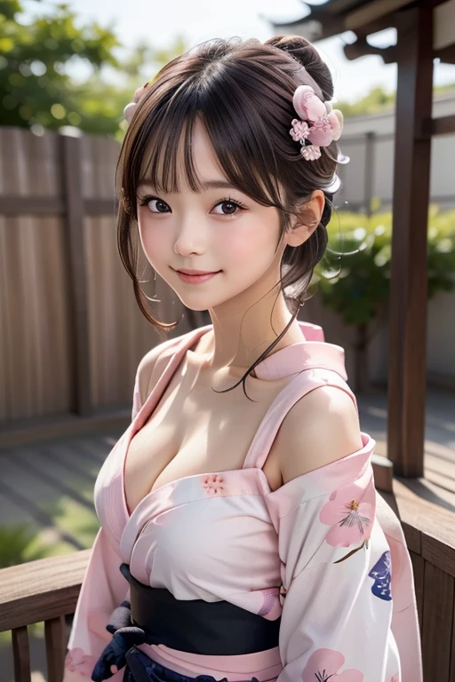 (1ung girl), Extremely cute face, Amazing face and eyes, (Highly detailed eyes, Highly detailed face), fresh, Very clean appearance, (Hyper-realistic, hight resolution), (Best Quality:1.4), Raw photo, (Realistic, Photorealsitic:1.37), Professional Photography, (light pink floral pattern yukata:1.5), (Open yukata), (cleavage:1.2), (Bare shoulders), Smile slightly, (Staring at me), Bedroom, girl portrait