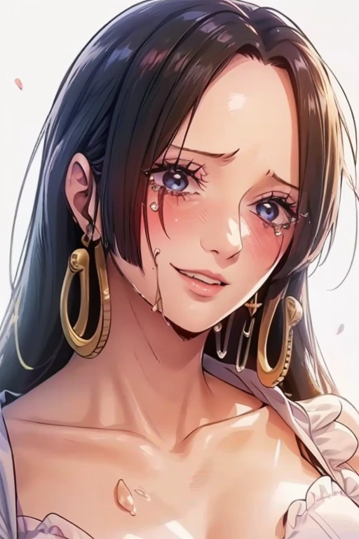 best quality, masterpiece, highly detailed,1girl, (detail light), , Boa Hancock, , (masterpiece:1.5), Detailed Photo, Smiling, Sexy, (8K, Best Quality: 1.4), (1girl), Beautiful Face, (anime realistic Face), (Black Hair, long Hair: 1.3), Beautiful Hairstyle, Realistic eyes, beautiful detail eyes, (white skin), beautiful skin, absurd, attractive, ultra high resolution, ultra realistic, high definition, golden ratio, (sexually aroused:1.5), Pinkish white skin, cool white light, sexy pose, Beautiful , white background, pink soft white light, Wear a white dress, (bukkake:1.5), (crying:1.5) (painful:1.5) (trauma:1.5)