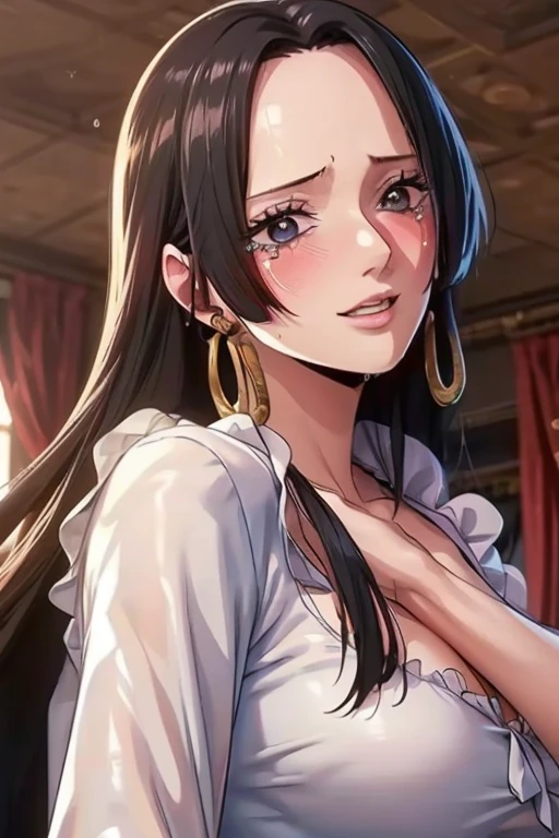 best quality, masterpiece, highly detailed,1girl, (detail light), , Boa Hancock, , (masterpiece:1.5), Detailed Photo, Smiling, Sexy, (8K, Best Quality: 1.4), (1girl), Beautiful Face, (anime realistic Face), (Black Hair, long Hair: 1.3), Beautiful Hairstyle, Realistic eyes, beautiful detail eyes, (white skin), beautiful skin, absurd, attractive, ultra high resolution, ultra realistic, high definition, golden ratio, (sexually aroused:1.5), Pinkish white skin, cool white light, sexy pose, Beautiful , white background, pink soft white light, Wear a white dress, (bukkake:1.5), (crying:1.5) (painful:1.5) (trauma:1.5)