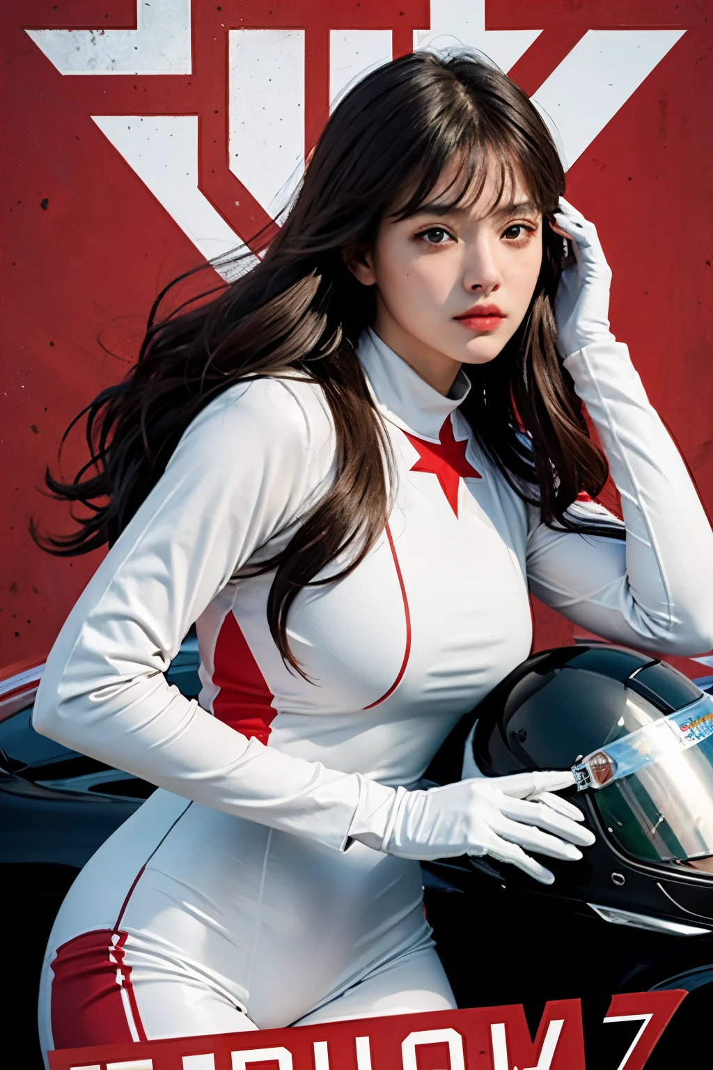 1 woman,biggest,Beloved,beautiful and delicate eyes,shiny hair,Visible through the hair,hair between eyes,DWJ Poster,soviet union 게시물,green solid color,soviet union 포스터,soviet union,communism,brown hair,red eyes,vampire,teenage girl,poor milk,racing suit, White_Gloves, sports shoes, White_helmet, DWJ red letter on the top of the helmet, side lights, reflect, Right hand is outstretched，The left hand is touching the racing car. 태양은 빛을 reflect한다.，silver metal，Red Flag，Polish，soviet union의 스타일，diffused reflectetalictexture，The scenery is a racing stadium，In Mecca style,Star Ocean,high key,a proud man