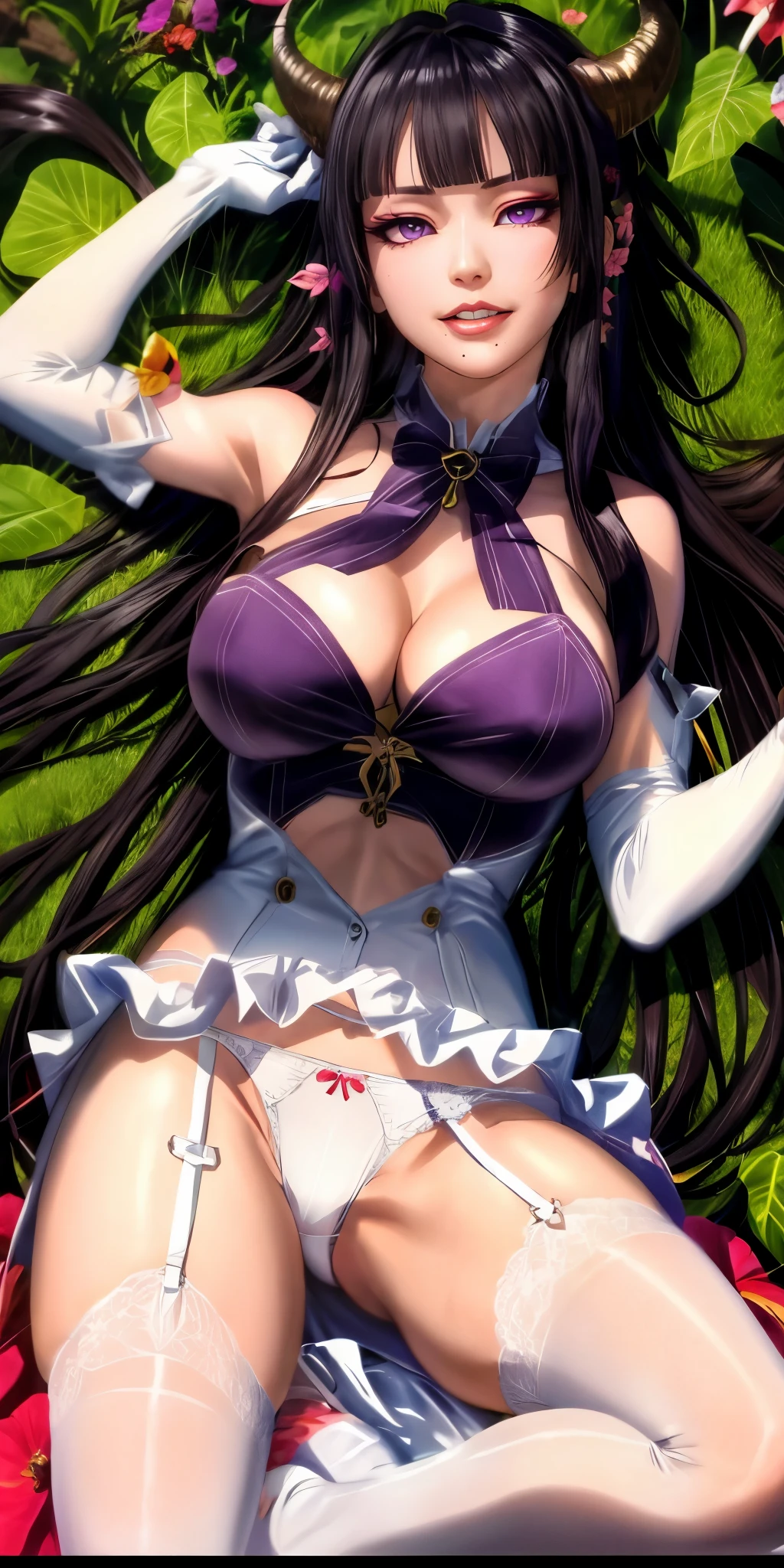 nyotengu, black hair, mole under mouth, purple eyes, long hair, anatomically correct, heavy breathing, mature female, 1girl, flower, breasts, gloves, elbow_gloves, solo, white_gloves, large_breasts, thighhighs, horns, cleavage, water, underwear, looking_at_viewer, white_panties, panties, white_legwear, open_mouth, lying, on_back, garter_belt, garter_straps, (shaded face:1.2), hollow eyes, mole, purple eyes, looking at viewer, (heavy breathing:1.2), smirk, upper teeth, nsfw,