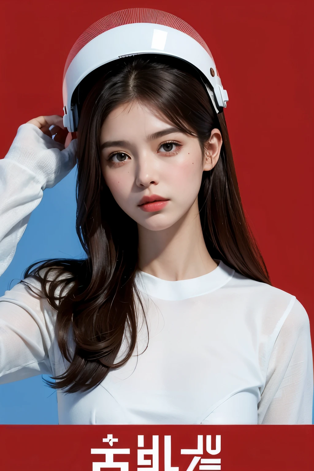 1 woman,biggest,Beloved,beautiful and delicate eyes,shiny hair,Visible through the hair,hair between eyes,DWJ Poster,soviet union 게시물,solid red,soviet union 포스터,soviet union,communism,brown hair,red eyes,vampire,age girl,poor milk,racing suit, White_Gloves, sports shoes, White_helmet, DWJ red letter on the top of the helmet, side lights, reflect, Right hand is outstretched,The left hand is touching the racing car. 태양은 빛을 reflect한다.,silver metal,Red Flag,Polish,soviet union의 스타일,diffused reflectetalictexture,The scenery is a racing stadium,In Mecca style,Star Ocean,high key,a proud man
