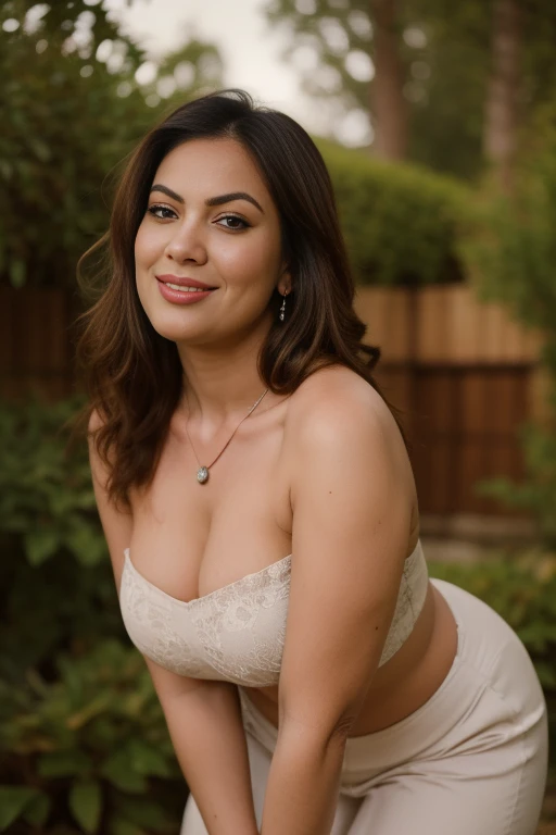 Day scene, close up photo of sexy indian, big cheeks, curvy, sexy navel, winking eyes, biting lips, bending over viewer in a garden, off shoulder strapless cowl neck lace bra, deep cut neckline, perfect figure, swooping breasts, deep cleavage, ponytail hair, necklace, look at viewer and smile, (cinematic:1.3), intricate details, (ArtStation:1.2)