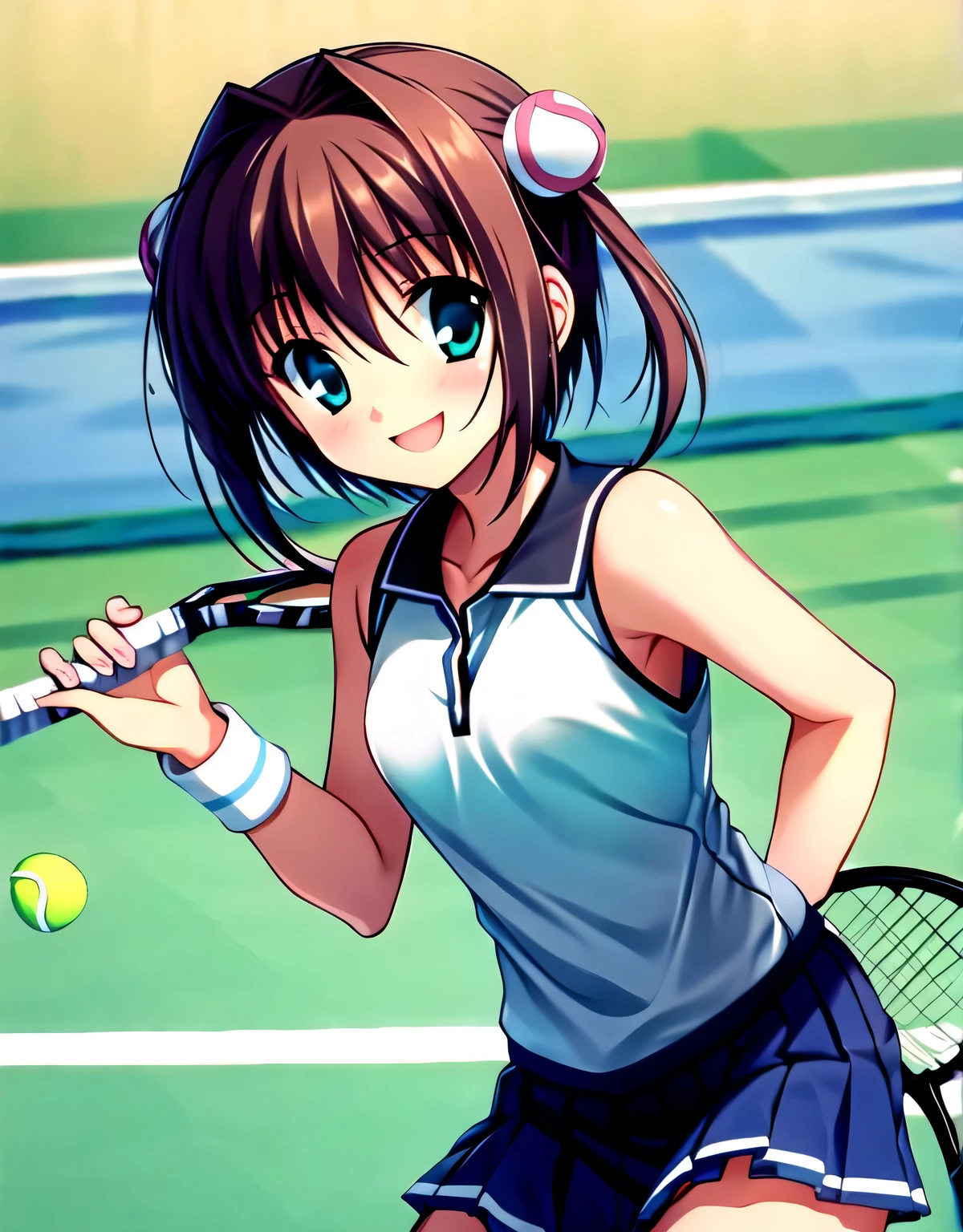 asakura_yume,Brown Hair,Medium Chest,Aqua Eye,White skin,Normal chest,Tennis court,Are standing,((Sleeveless_Tennis Wear)),smile,