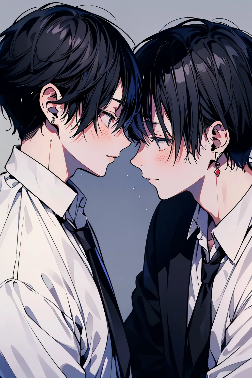 (Mastepiece), (Best Quality), Very detailed, ((two men intimate)), Perfect Face, Beautiful Face, Very detailed顔,(Black short-haired man:1.3),(White short-haired man:1.3),suit,shirt