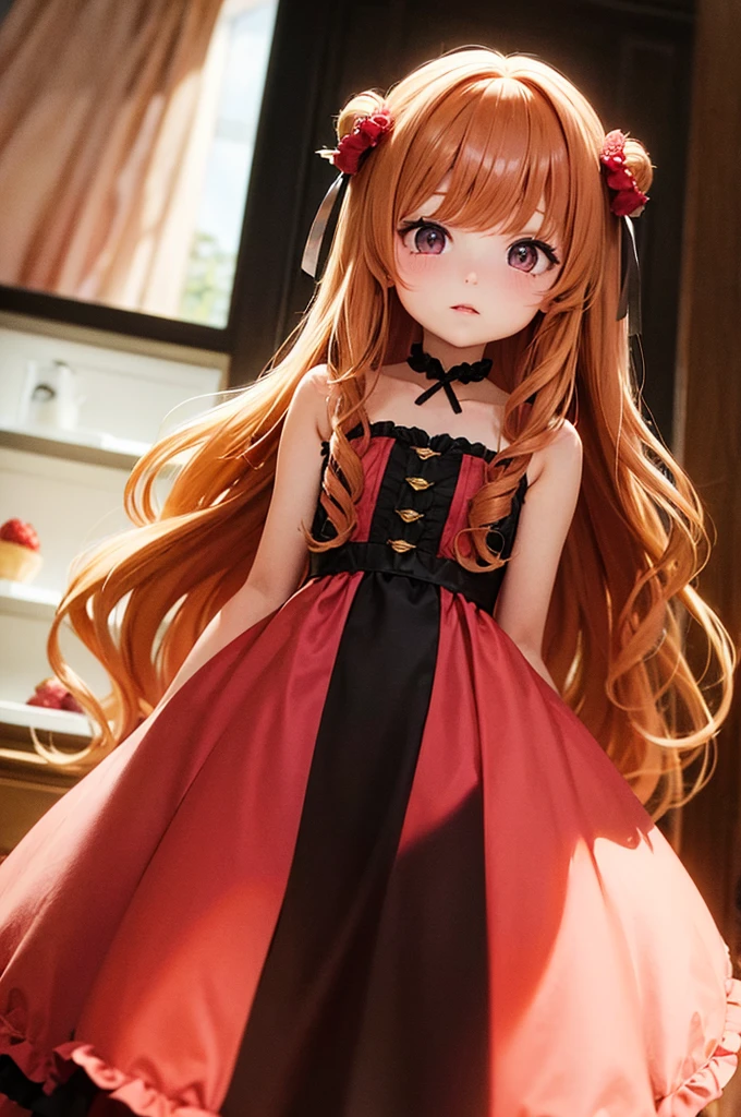 Caramel colored hair　Wavy Long Hair　Strawberry hair ornament　Pink Eyes　Caramel-colored frilled dress　Girl
