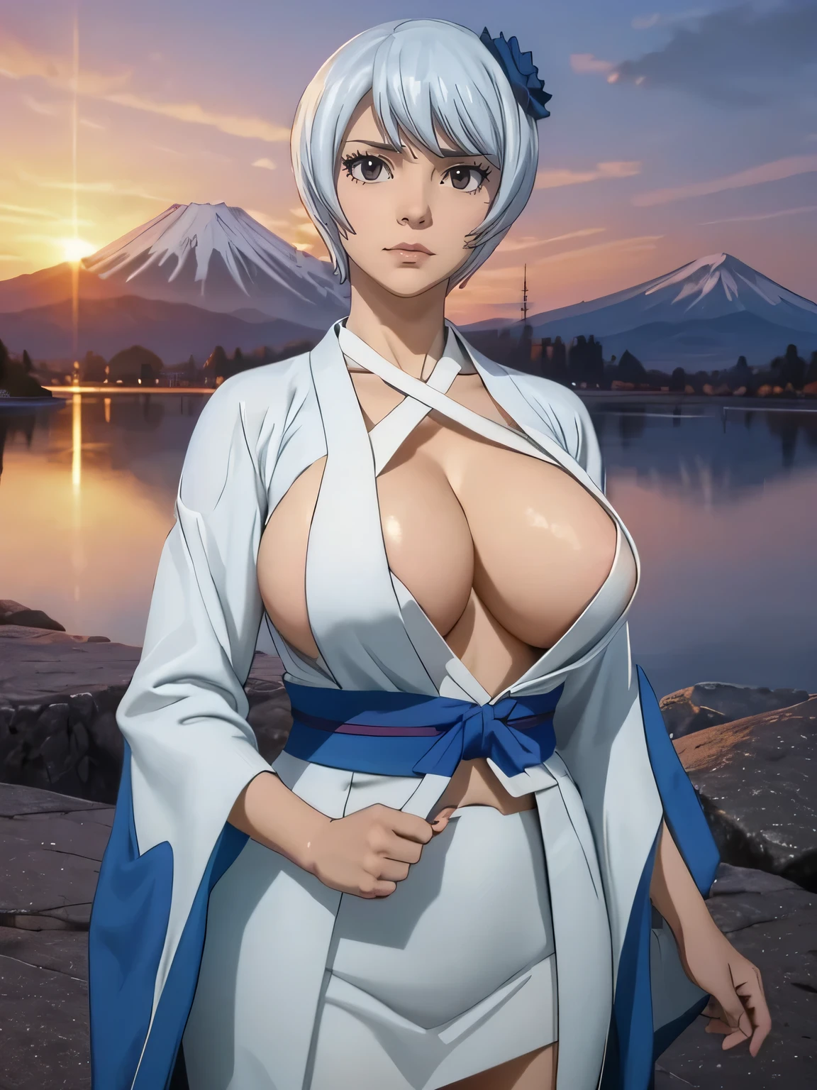 Best quality, masterpiece, extremely detailed, detailed background, detailed eyes,realism,a high resolution,realistic ultra, 1 girl, beautiful eyes, young girl,beautiful graceful fingers, woman with short hair,expressive face, traditional clothes(kimono sexy), (sexy),(big breasts:1.4),(neckline,большие hips ,bare thigh cutout,Landscape of Mount Fuji, on open air, sunset, beautiful sky, picnic on the lake, landscape, landscape, horizon, The mountain is next to the mountain, Wind, flower petal, Vesna, looking, Atmospheric lighting, reflection, naturalistic, detail, realism. relaxation, Beauty, Just focus, Close-up, outside, depth of field, hips
