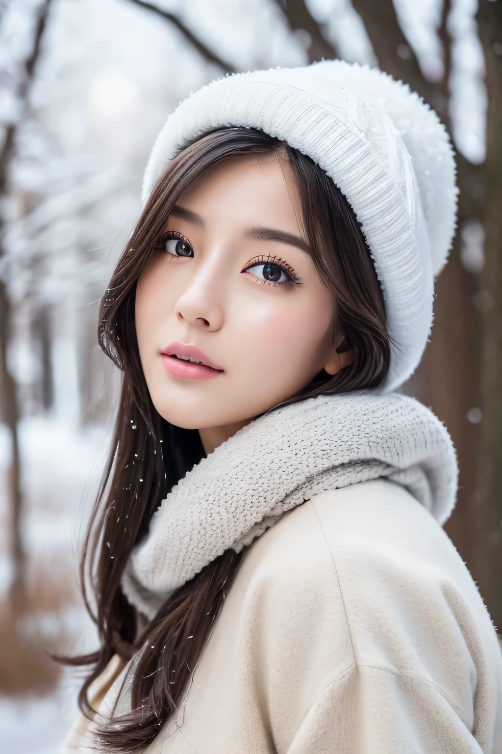((highest quality、8k、Masseter muscle area:1.3))、(beautiful, Realistic Japan),1 female、Winter coat、(Big Tits:1.2)、Scarf、Woolen hat、gloves、Ultra detailed face、Highly detailed lips、Detailed eyes、double eyelid 、it&#39;s snowing、White Breath、Landscape、Looking up at the sky、large tree、Natural、your、White world、White lover、Love Letter、like、
