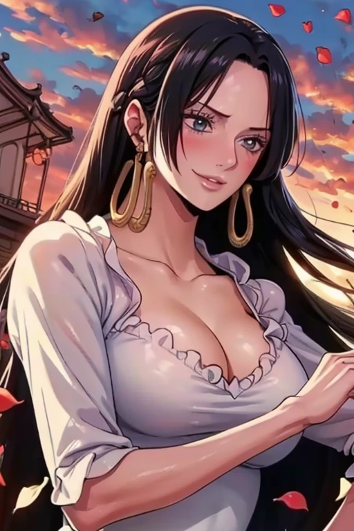 best quality, masterpiece, highly detailed,1girl,  ((rose)), (vine), cage, bandage, red rope, (detail light), falling rose petals, Boa Hancock, , (masterpiece:1.5), Detailed Photo, Smiling, Sexy, (8K, Best Quality: 1.4), (1girl), Beautiful Face, (anime realistic Face), (Black Hair, long Hair: 1.3), Beautiful Hairstyle, Realistic eyes, beautiful detail eyes, (white skin), beautiful skin, absurd, attractive, ultra high resolution, ultra realistic, high definition, golden ratio, (sexually aroused:1.5), Pinkish white skin, cool white light, sexy pose, Beautiful , white background, pink soft white light, Wear a white dress