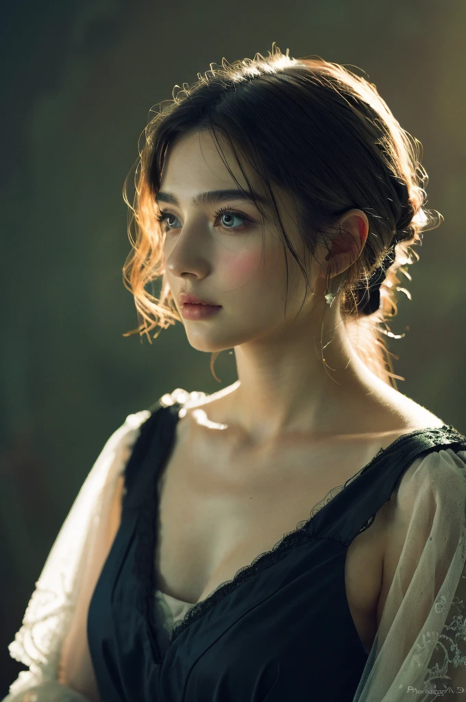 ( masterpiece, top quality, best quality,8k,17 years old girl,ultra detailed,raw photo:1.5),(photorealistic:1.4), (cinematic lighting), PerfectNwsjMajic, , Surrealism, UHD, ccurate, Super detail, textured skin, High detail, Best quality, dynamic angle, White skin,[Beautiful blue eyes], high nose,[flat chest:large breasts:0.5],(1girl),(good anatomy:0.5)), Dreamy atmosphere, Dark,expressive brush strokes, mystical ambiance, Artistic interpretation, Stunning Studio Ghibli style costumes, a whimsical illustration, Subtle colors and tones, mystical aura, 