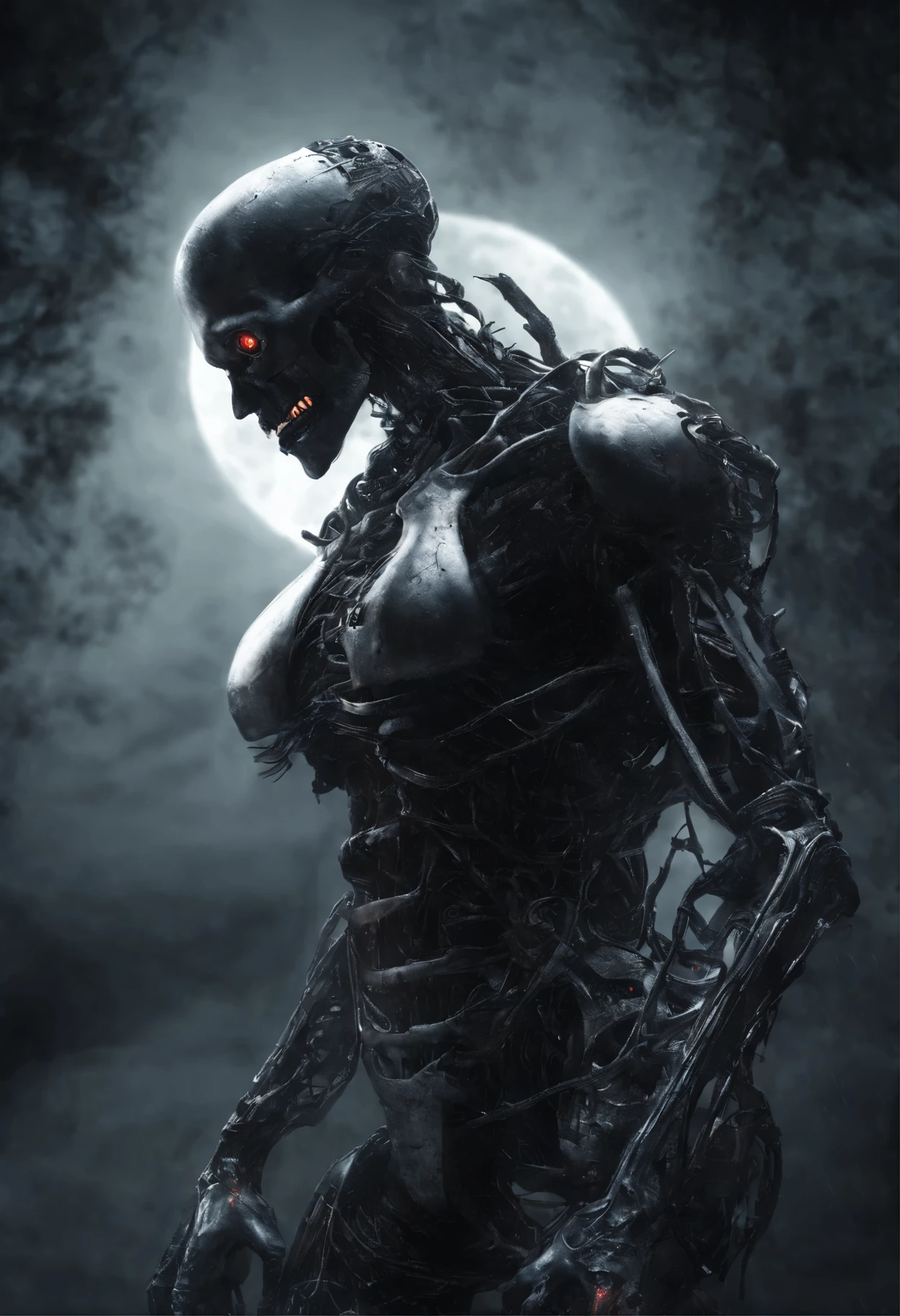 Giant cyborg monster on the horizon,The upper body evaporates and disappears like steam、Dutch angle from space, Concept Art, High Detail, Intimidation, Epic Scale, Ultra Wide Angle, Cinematic, Art Station Trends, Octane Render, Hyperrealistic, Cryengine 8k UHD The upper body evaporates and disappears like steam