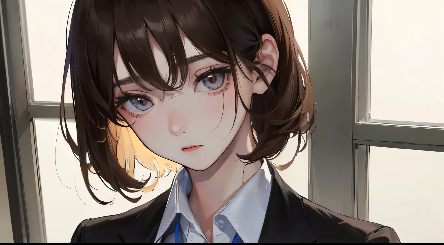 (((1 personの少女)))、((1 person)),Masterpiece,best quality, ((Calm expression))), ,(((Office Lady)))、,((Shirt and suit jacket))、((Figure behind window pane),Front view、、determined expression, Upper body diagram、 (Highest Resolution、Clear_image)、Best Quality、Light and shadow contrast、((illumination))、Very detailed、Semi-realistic、Short hairstyle、Brown Hair、bangs、19 years old、 Lady,,young、((View from top))、Delicate Facial Features