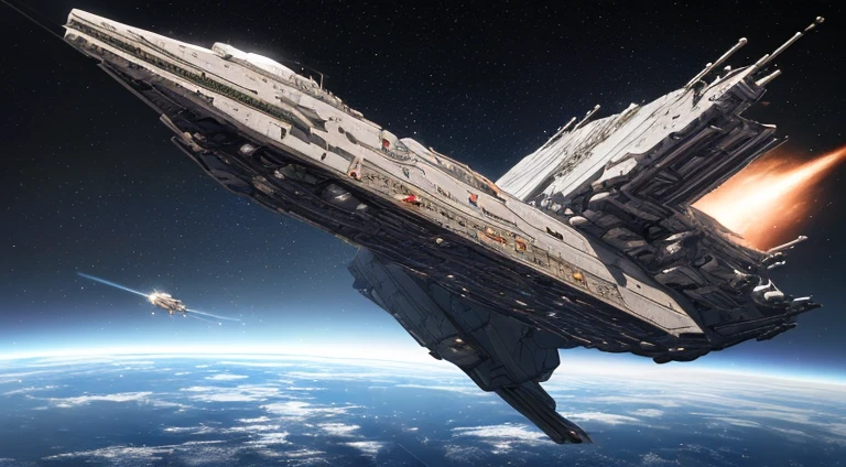 (8k, RAW photo, best quality, mastery:1.3),(realistic,photo-realistic:1.37),( Many alien spaceship approaching the atmosphere of earth ), the situation is space fighting, Colorfully Background of space elements, realistic, realising gun powder , full Combat seen, UFO destroying and other main spaceship produce a lot of gun powder, the seen is looking like adventure of universe,Other spaceships firing the main colonial pride ship with looking nearly the eyes of viewer, UHD ultra