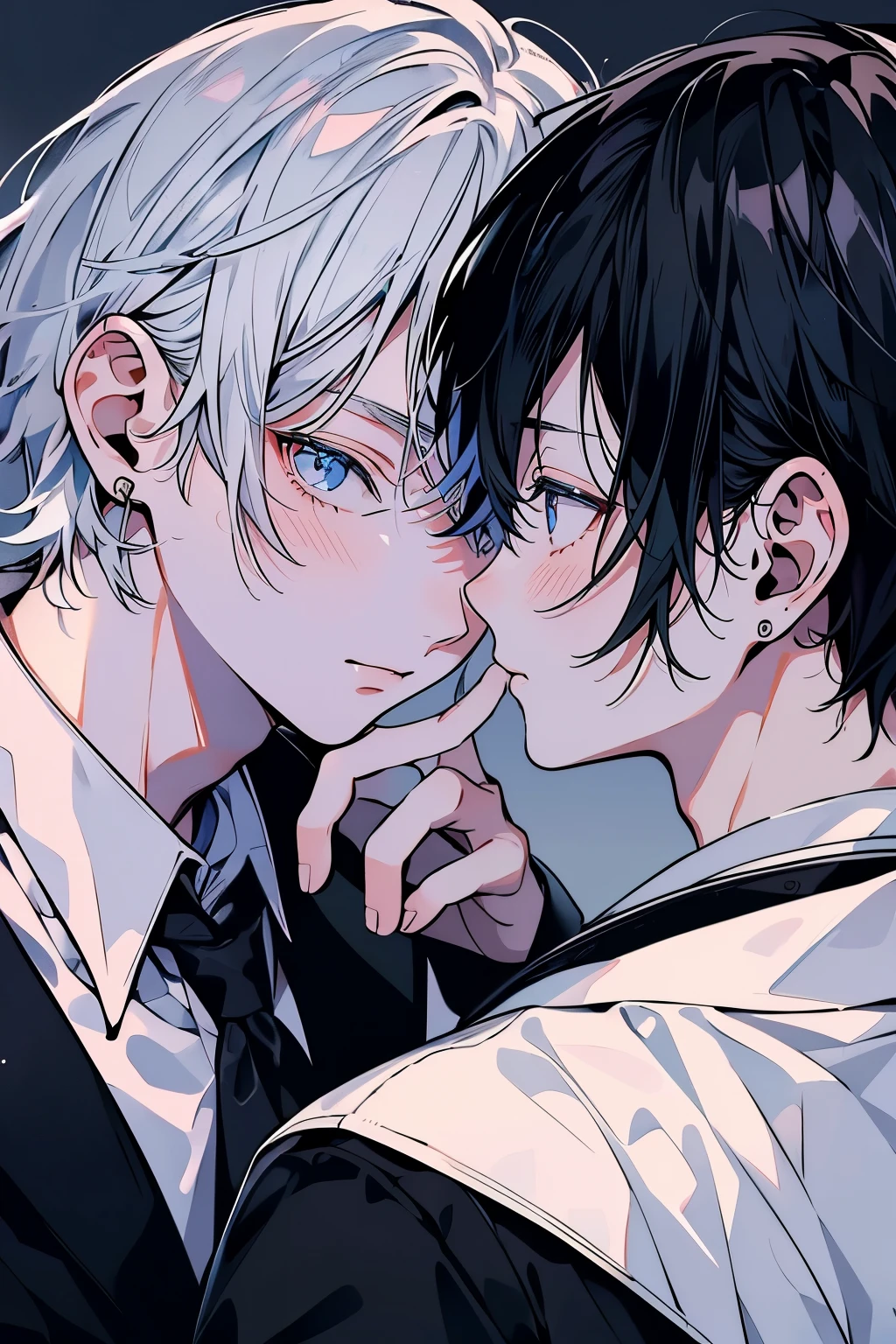 (Mastepiece), (Best Quality), Very detailed, ((two men intimate)), Perfect Face, Beautiful Face, Very detailed顔,(Black Haired Man:1.3),(Man with white hair:1.3),suit,shirt
