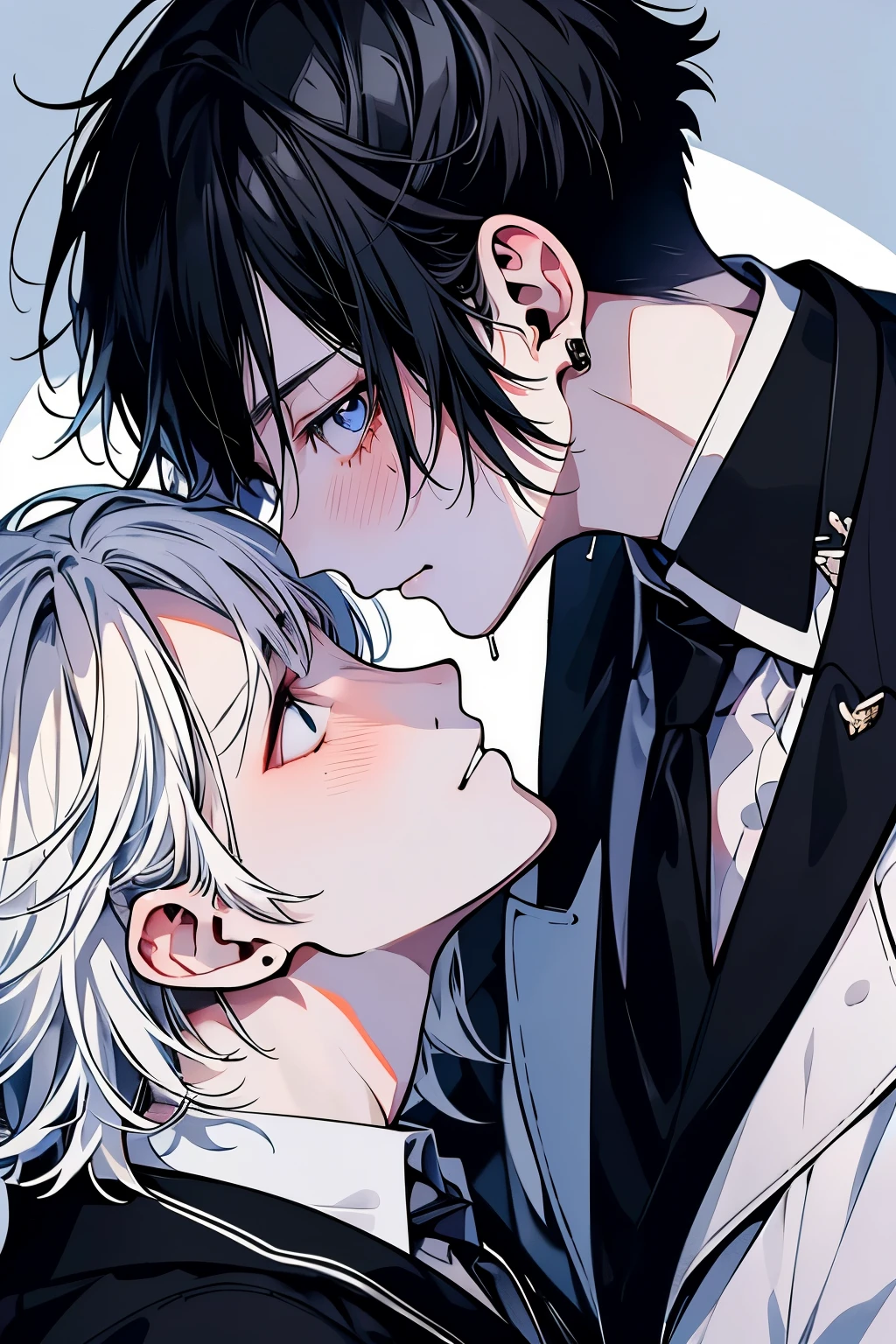 (Mastepiece), (Best Quality), Very detailed, ((two men intimate)), Perfect Face, Beautiful Face, Very detailed顔，(Black Haired Man:1.3)，(Man with white hair:1.3)，suit，shirt