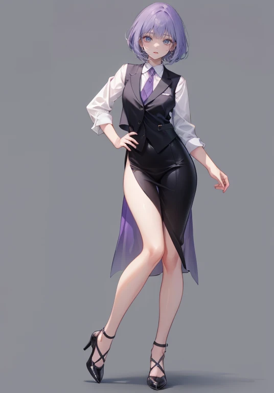 ((Perfect Face)),Purple Hair,Very short hair,1 female,,Black vest,Roll up your sleevesＹshirt,tie,slit,High heels,,((Simple Background)),smile,((Full Body)),((full body)),