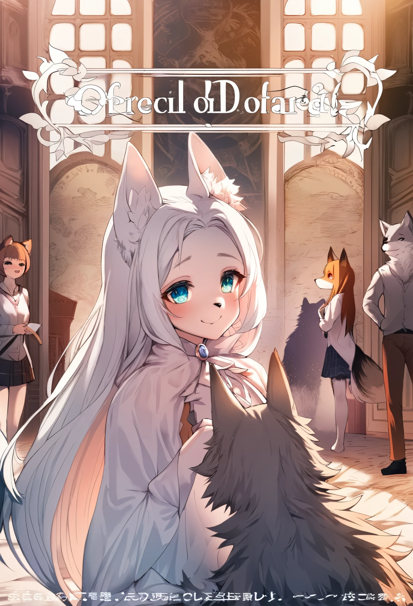 doujinshi cover_page, highres, top quality, best quality, paid reward available, unparalleled masterpiece, perfect artwork, absurdres, High-quality illustrations, super high resolution, detailed background, perfect anatomy, The story of the meeting of a girl and a wolf,