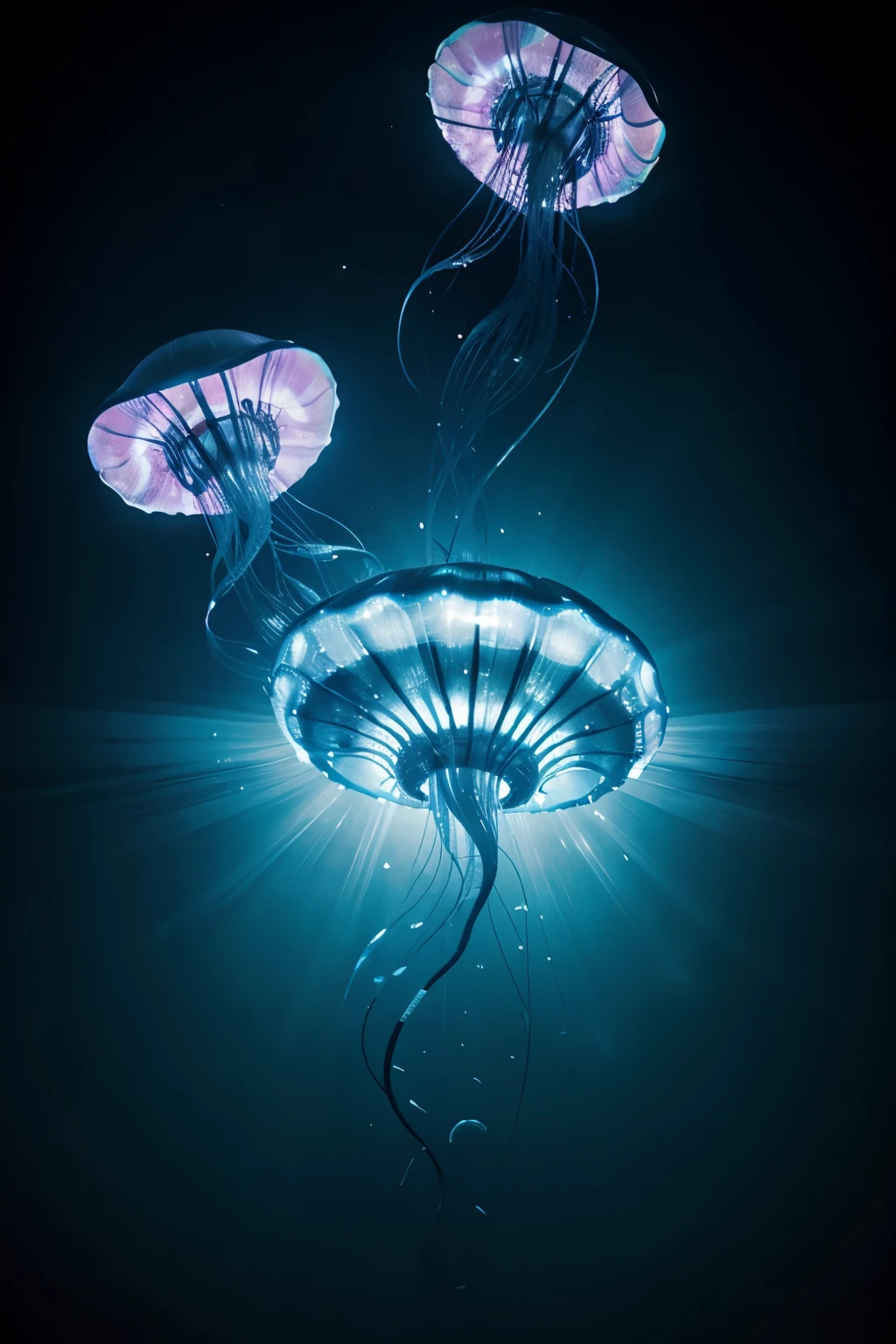 unusual aliens jellyfish from another universe/ swim in beautiful water. 