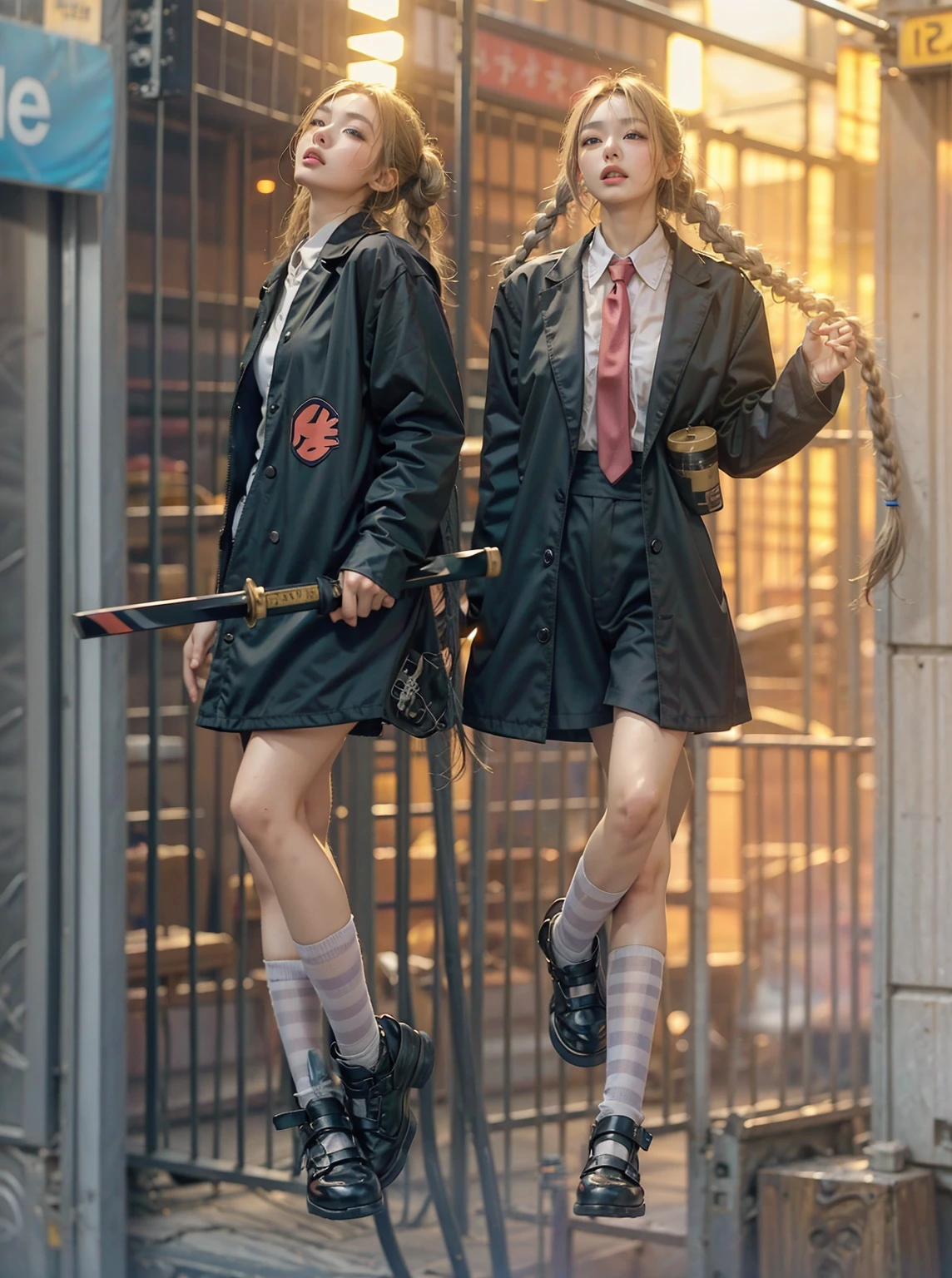 highest quality、Surreal、Perfect Anatomy、Crowded downtown area、Surrounded by spectators、Crowd、Wet and shiny white skin、Sweat dripping all over the body、Slender model figure、Ahegao、blush、micro bikini、Blonde and silver hair、Braid、soaked、Super small face、Collars and Leads、Natural lighting、Cyberpunk City、neon lights、urban techwear、Photo session、Japanese sword、Down to earth、