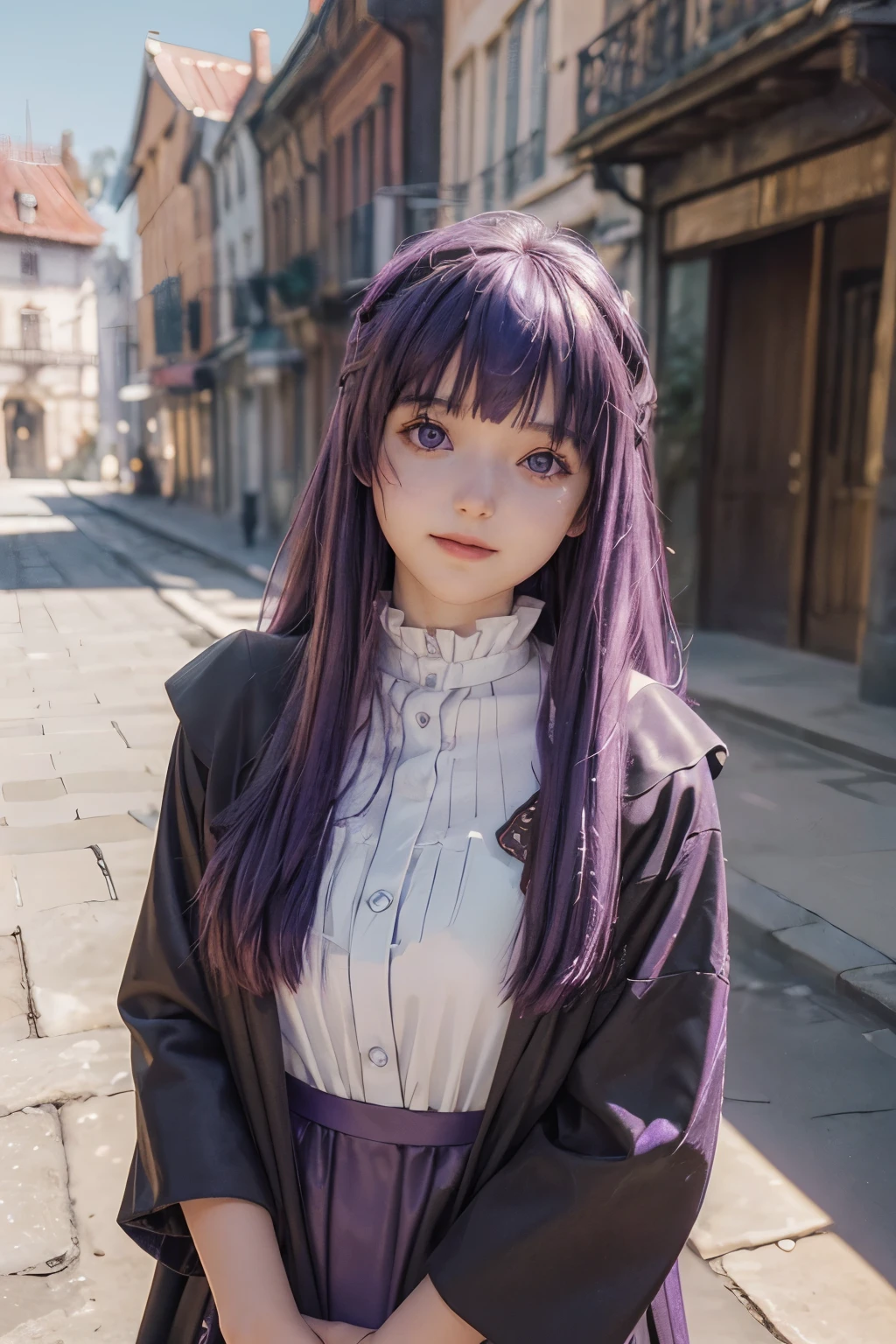 (masterpiece, 最high quality:1.4), ((One girl)), High resolution, alone, (European youth:1), ((Fern)), (()), Cosplay, ((Long purple hair)), ((Purple eyes)), ((Black Robe)), White inner shirt, Big magic wand, Skin with attention to detail, Digital SLR, Soft lighting, high quality, Highly detailed face, Highly detailed skin, Skin pores, Scattered beneath the surface, Realistic pupils, Apply blush all over the face, Detailed Background, Depth of written boundary, Volumetric lighting, Sharp focus, Absurd, Realistic proportions, Excellent anatomy, ((Cowboy Shot)), ((View your viewers)), ((A light smile)), (Realistic, hyperRealistic:1.4), 16K HDR, From above, (((blue sky))), break, ((Dim Alley, Remains)), Cityscape
