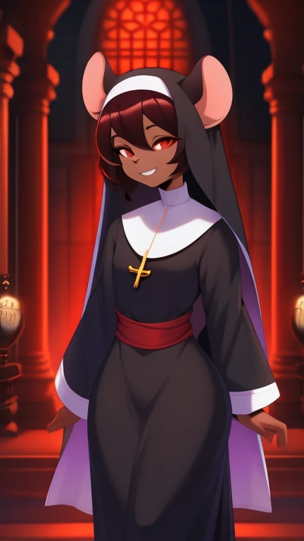 Best quality, super detailed illustration, purple and dark tones, grin, dark aura, black and red, Two tons, Dark shade, red tint, high contrast, dark lighting, offering a deal, Ideal lighting, (fluffy mouse boy:1.4) , feminine face and body, disheveled thick hair, a nun&#39;ROBE, beautiful temple background, smug smile, half-closed eyes , Femboy, small waist, wide hips, slim, perfect body, style &quot;DND&quot;