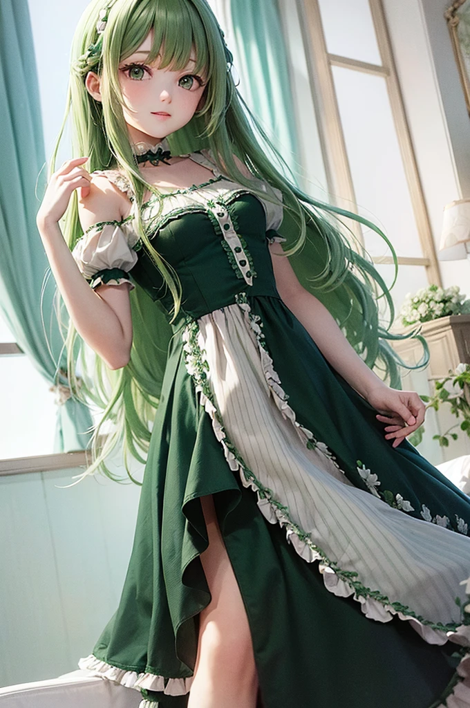 1 girl、Buckshot、Are standing、Blunt Bangs、Long Hair、Twin tails、Green Hair、dress、Frills、indoor、Book棚、Book、scroll、Blurred Background、Book棚のBookを取っている、Stretching back、Angle from below、I can see your underwear