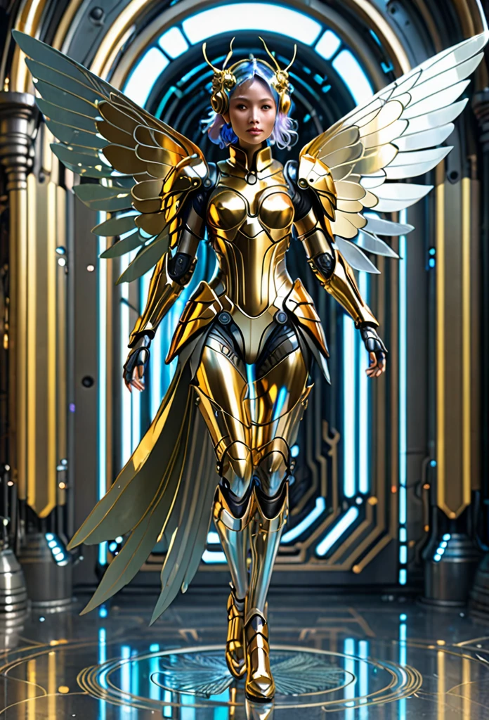Cyberpunk fairy donning golden-silver full body armor with transparent holographic wings Alphonse Mucha Greg Rutkowski Studio Ghibli bad ??????? blurred, 3d render, cinematic, illustration