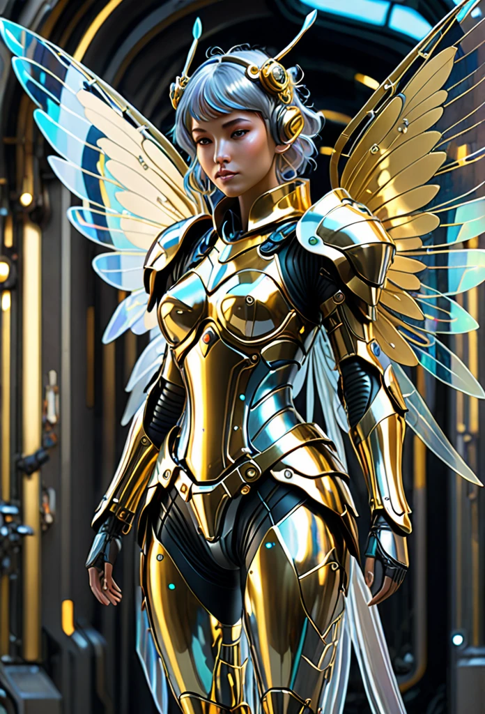 Cyberpunk fairy donning golden-silver full body armor with transparent holographic wings Alphonse Mucha Greg Rutkowski Studio Ghibli bad anatomy blurred, 3d render, cinematic, illustration