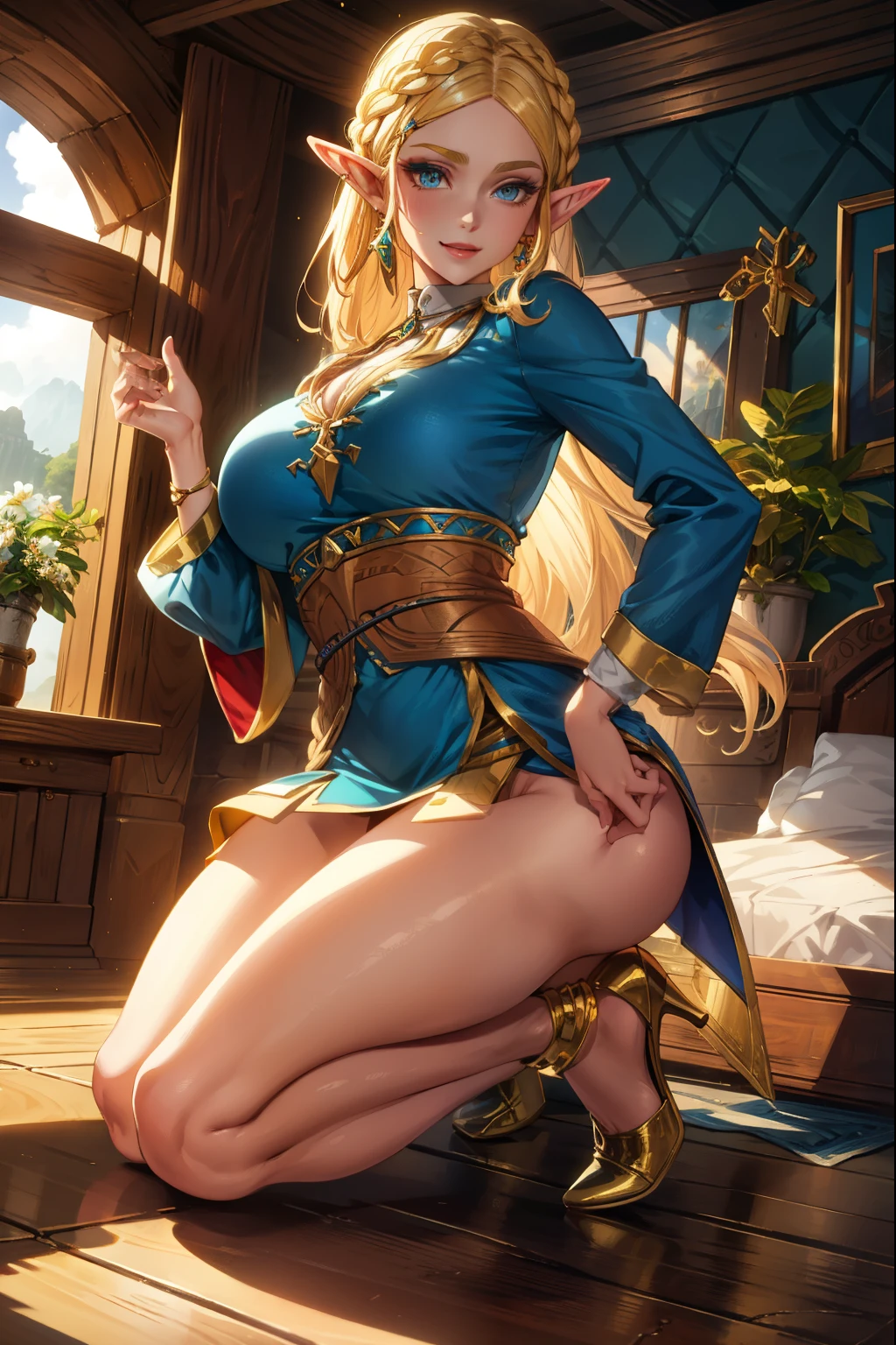 aazelda, long hair, pointy ears, blue eyes, blonde hair, Bimbo, Makeup, Lipstick (blue), (extremely detailed CG unity 4k wallpaper),(masterpiece),(best quality),(ultra-detailed),(best illustration),(best shadow),(absurdres),(detailed background), Fancy castle bedroom, Submissive smile, Wide hips, Thick thighs, big ass, Big breasts, Jewelry, High heels (Gold), slave collar,