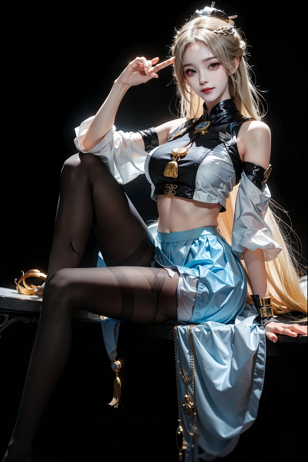 (best quality, 8k, masterpiece, Ultra HD: 1.3), (Korean pop idol: 1.4), 1 beautiful girl, (Large Breasts: 1.2), (Long hair), Abdominal muscles, Perfect body, Ultra-detailed face shape, Delicate lips, fair, Skin is hydrated, sweaty skin, Wavy Blonde, Silver Light Hair , super fine hand, Thin fingers , Short Mini Skirt (Black), ((detailed pantyhose)),detailed , on the street, architecture, architecture, Punk Girl, transparent, Smile , Long legs, detailed legs, Thin legs,Clean black background