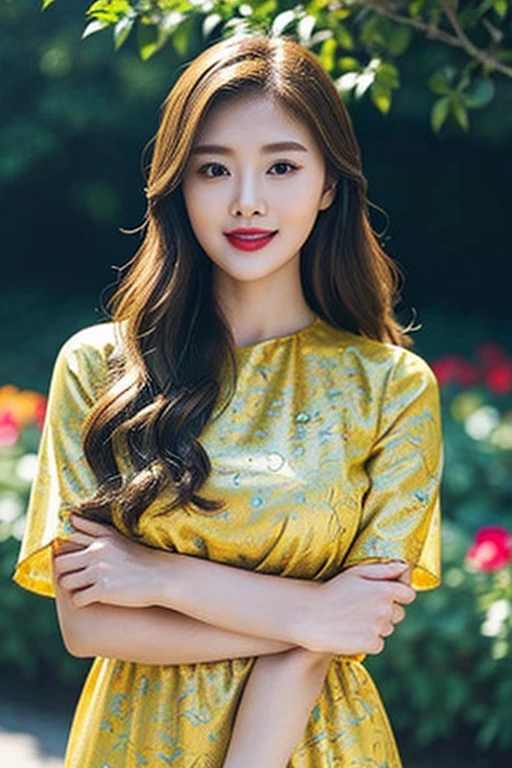 Draw the lips correctly, red lipstick, from the chest up, the best quality, Super detailed, lifelike, Super smooth skin, perfect anatomy, (1 beautiful Asian woman, (alone), Wear a high-end yellow round neck dress with floral patterns, short sleeves, long wavy blonde hair, 25 year old woman, mature, charming smile, garden background, standing, round face, round face, slightly fat body, big breasts, full body shot