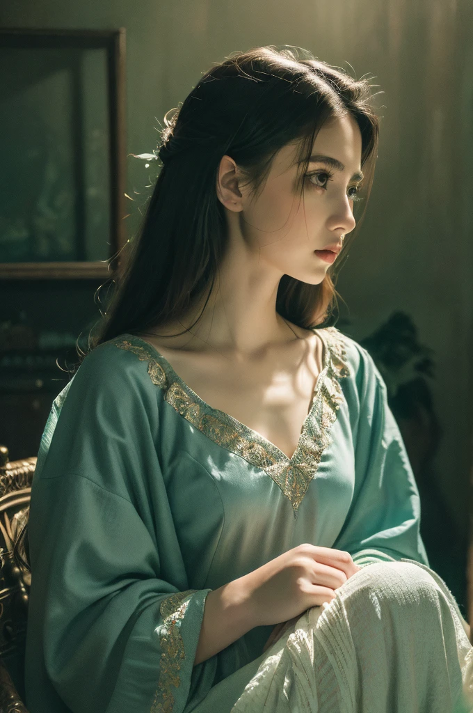 ( masterpiece, top quality, best quality,8k,17 years old girl,ultra detailed,raw photo:1.5),(photorealistic:1.4), (cinematic lighting), PerfectNwsjMajic, , Surrealism, UHD, ccurate, Super detail, textured skin, High detail, Best quality, dynamic angle, White skin,[Beautiful blue eyes], high nose,[flat chest:large breasts:0.5],(1girl),(good anatomy:0.5)), Dreamy atmosphere, Dark,expressive brush strokes, mystical ambiance, Artistic interpretation, Stunning Studio Ghibli style costumes, a whimsical illustration, Subtle colors and tones, mystical aura, 