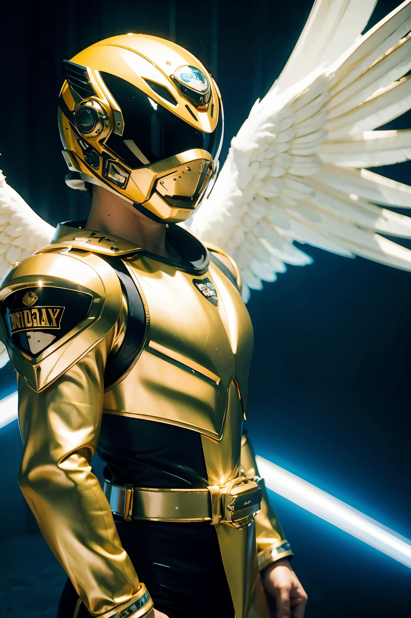 (8k), Ultra resolution 8K, Stunning illustration of an angel wearing a jaguar mask helmet, Warrior Prince,Athletic body gold and white suit,de guerrero angel, cinematic lighting