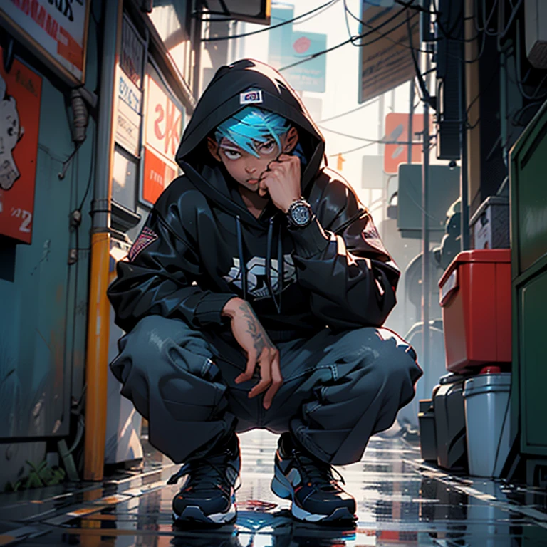 a man in a hoodie crouches down in the rain, clayton crain, spider - verse art style, dark blue leather armor, leon tukker, real trending on instagram image, nypd, inspired by Sebastian Spreng, spider webs, stunningly detailed, black energy, by François Quesnel, hacker