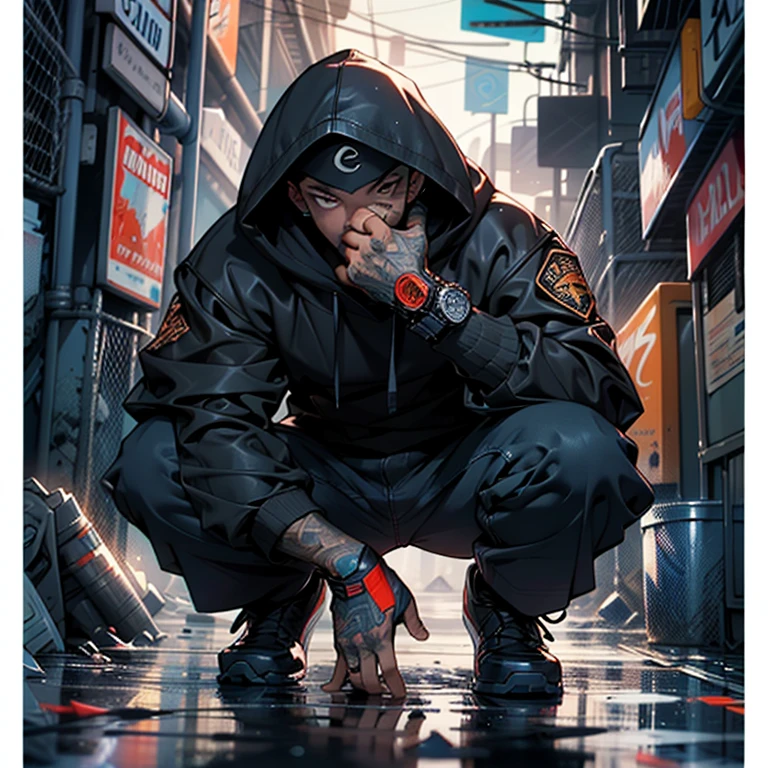 a man in a hoodie crouches down in the rain, clayton crain, spider - verse art style, dark blue leather armor, leon tukker, real trending on instagram image, nypd, inspired by Sebastian Spreng, spider webs, stunningly detailed, black energy, by François Quesnel, hacker