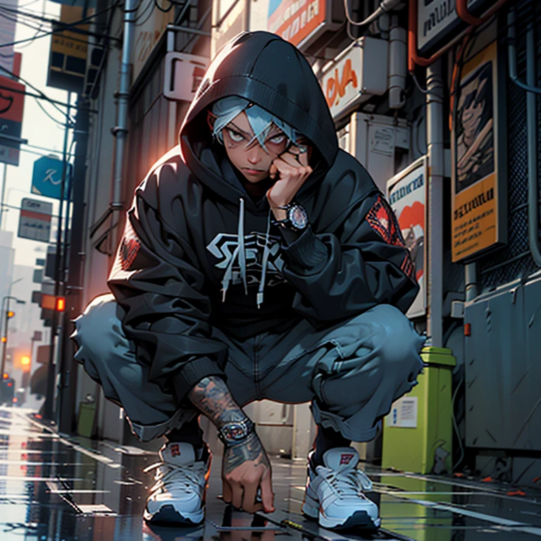 a man in a hoodie crouches down in the rain, clayton crain, spider - verse art style, dark blue leather armor, leon tukker, real trending on instagram image, nypd, inspired by Sebastian Spreng, spider webs, stunningly detailed, black energy, by François Quesnel, hacker