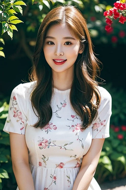 Draw the lips correctly, red lipstick, from the chest up, the best quality, Super detailed, lifelike, Super smooth skin, perfect anatomy, (1 beautiful Asian woman, (by herself), Wear a high-end green round neck dress with floral patterns, short sleeves, long wavy blonde hair, 25 year old woman, mature, charming smile, garden background, standing, round face, round face, tied hair, slightly fat body, big breasts, full body photo