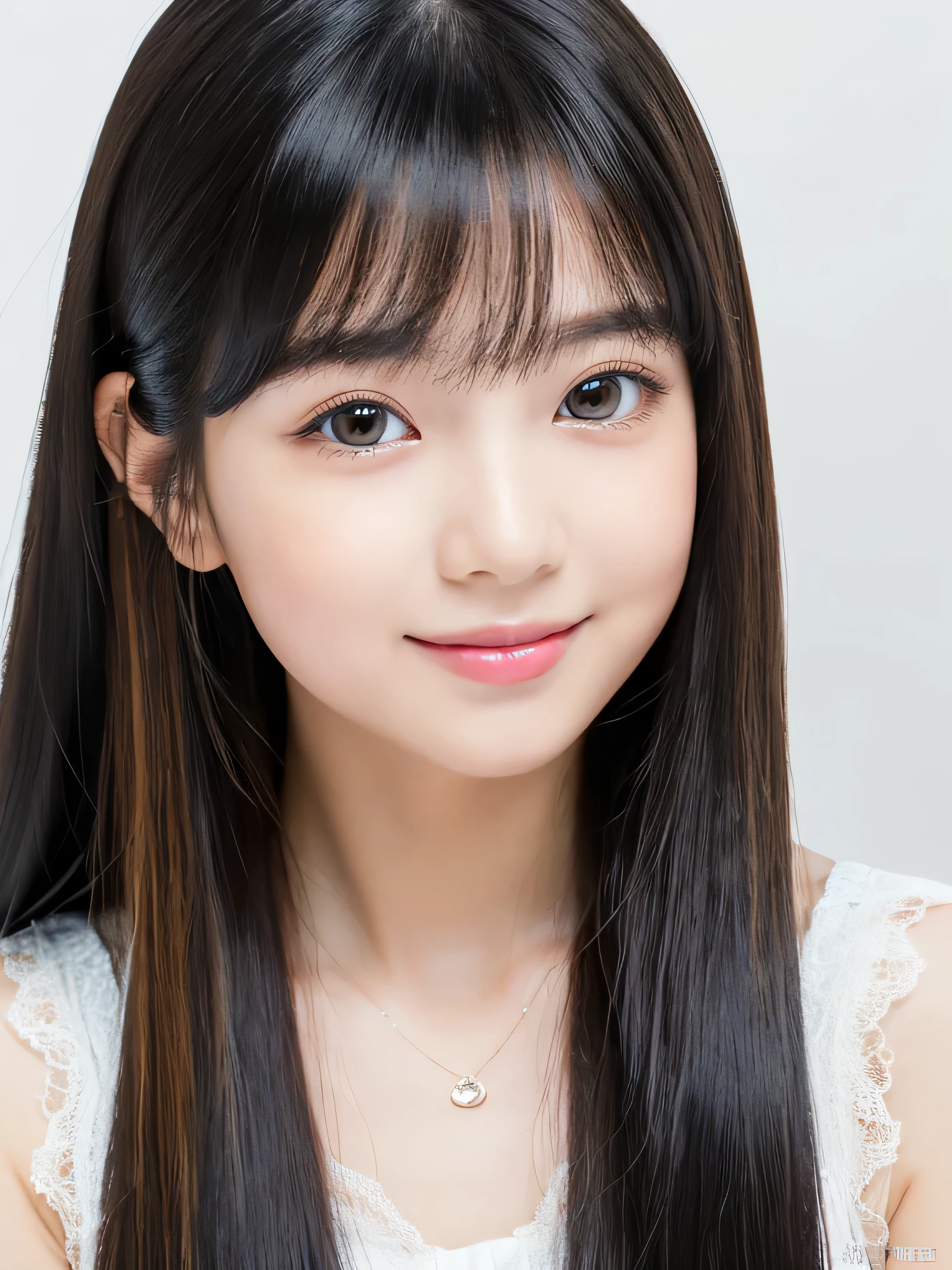 (Her bangs are very trimmed full bangs and hime cut)　(Photo of upper body from waist up)　(JapaneseSoloPhotoshoot&#39;The cutest, baby-faced  middle school student))　((Her deep black hair is incredibly straight and very long..　Very long hair　Very high quality, Shiny deep black Absolutely Very long hair　Very long hair、Absolutely Very long hair with Beautiful Deep Black　Absolutely Very long hair with deep black hair and high quality　 Very long hair like silk　 Jet black hair and extremely long hair　Very long hair with Deep Black Hair of High Quality　Thinning hair　And that is&#39;rich　Very long hair with very detailed and high quality deep black hair))　((highest quality)), ((masterpiece)), (familiar)　(Get used to it)　The perfect baby face　(Her skin is a typical Japanese skin color......、Very detailed)　(She is wearing a white dress with lots of lace..)　(She has a cute baby face and a typical Japanese figure...., Narrow eyes.)　　(She has a perfect cute baby face　Lipstick is only gloss)　((rich 1.4))　(Extremely detailed 8K)　(Stable Diffusion Model)　(Ultra-fine skin texture 1.4)　(Actual, Vibrant:1.4), double eyelid　Sharp focus:1.2、Beautiful woman:1.4　Dynamic Lighting　(Genuine RAW photos taken by professional photographers)　　(Her long bangs、Well Organized)　(Turn your whole body to the viewer)　Professionally lit from the front　(Her smile is cute)　(Pure white wall background:1.3. White Bed:1.There are three)