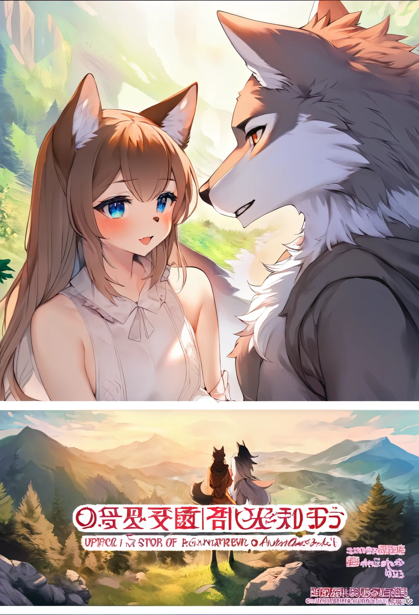 doujinshi cover_page, highres, top quality, best quality, paid reward available, unparalleled masterpiece, perfect artwork, absurdres, High-quality illustrations, super high resolution, detailed background, perfect anatomy, The story of the meeting of a girl and a wolf,