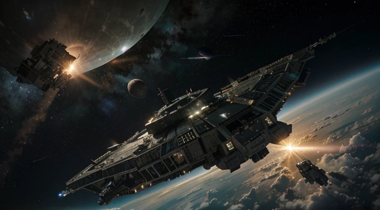 (8k, RAW photo, best quality, mastery:1.3),(realistic,photo-realistic:1.37),( Many alien spaceship approaching the atmosphere of earth ), the situation is space fighting, Colorfully Background of space elements, realistic, realising gun powder , full Combat seen, UFO destroying and other main spaceship produce a lot of gun powder, the seen is looking like adventure of universe,Other spaceships firing the main colonial pride ship with looking nearly the eyes of viewer, UHD ultra