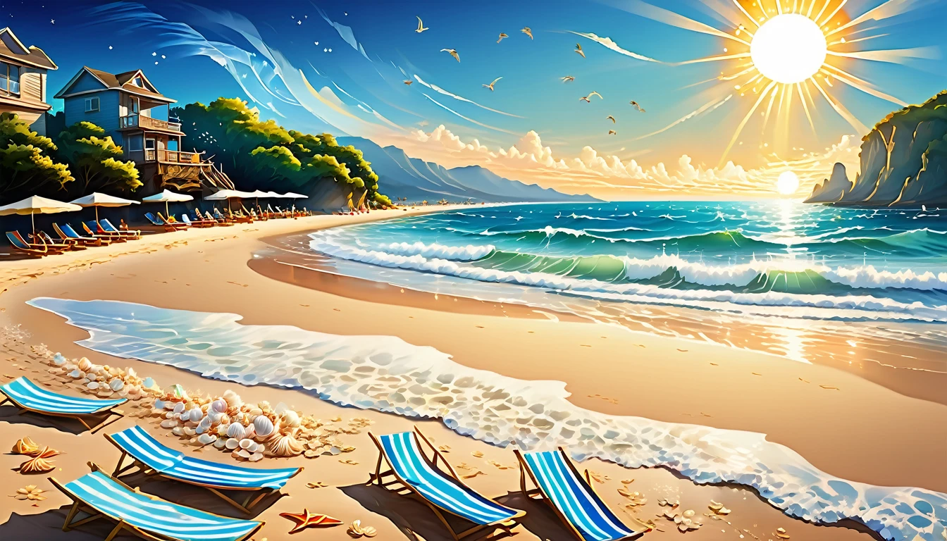 best quality,highres,(realistic:1.37),blue coast,ocean waves,serene beach,sandy shore,clear sky,sunlight sparkling on water,seagulls flying,faraway horizon,seashells scattered on sand,footprints leading to the water,gentle breeze,crashing waves,sun umbrellas,beach chairs,families playing in the water,swimmers enjoying the waves,surf boards,cliffs in the distance,colorful beach towels,lifeguard tower,surfing competitions,fresh seafood restaurants,coastal mountains,fishing boats at anchor,beach volleyball,children building sandcastles,cooling off in the sea,beach games and laughter,peaceful atmosphere,lovers walking hand in hand,beach parties at sunset,bonfires,starlit sky,feeling of tranquility and happiness,laid-back vibe,memorable summer memories.