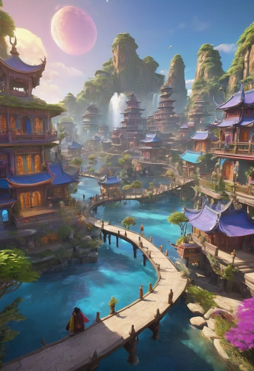 avatar village，《Avatar》in Katara, Maya 8K, Asian Woman Water Elemental, Fantasy style 8k octane rendering,，avatar village，Cinematic sceneagicle world. purple and blue colored，Colorful, Fairy Kingdom Forest, Bustling magic town, magical village, Fantasy Town, The magic fantasy  very detailed, Oriental Fantasy Town, intricate rainbow environment, Magical fantasy forest, Whimsical fantasy landscape art，《Smite》Nezha in, Still from a fantasy movie, small person. Unreal Engine5, Art germ ; 3d unreal engine, Chinese fairy tale movies