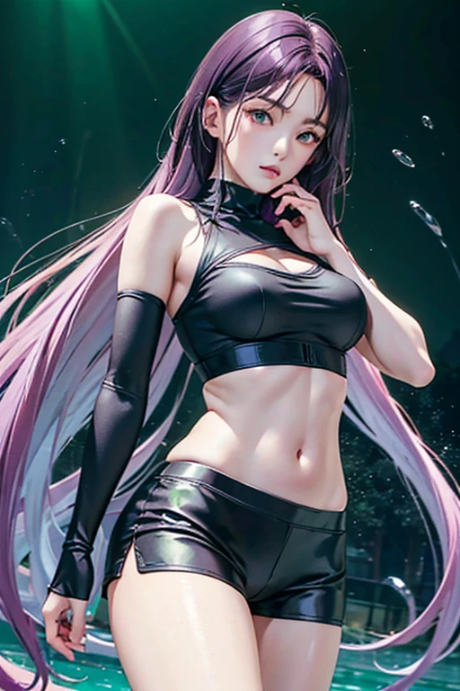(Finest quality)),(A high resolution),(ultra-detailled art),(Meticulous portrayal),((Best Anime)),(Finest works of art),sharpness,Clear,Ultra-Precision Art,The art of astounding depiction, (Female Ninja in the Dark:1.3),
short Hair,
purple hair, vibrant purple hair, extremely detailed hair, bangs, short hair only,
pretty eyes,
beautiful eyes, detailed eyes, perfect eyes, green eyes,
pretty face,
beautiful lips, soft lips,pretty face, close up face, korean girl, korean beauty, irene, red velvet irene,serious face,
pretty nose,
beautiful nose,
clear skin,
clear skin, white skin, soft skin,
slim body,
small breasts, normal thighs, show navel, perfect body, perfect hands, sexy thighs, show her , seductive pose,
ninja clothes,
ninja outfit, black outfit, black skirt, thigh-level skirt, pretty skirt, detailed skirt, safety shorts, cycling shorts, ninja shorts, long shorts, ninja armor, female ninja suit,reveal shoulders, show slight cleavage, black top, black thigh-high socks, arm sleeves,
fighting pose,
looking at camera, attack pose, fighting pose,
water element,
water splash behind, waterbender, in water, big water waves, green floating lights,
green aura glowing from the hands, standing in water,
healing element,
green and yellow aura, sparkling green and yellow glow, many green and yellow round lights at the back,
perfect lightings,
extravagant lights, green and yellow lights,
super low-angle shot,
looking down,