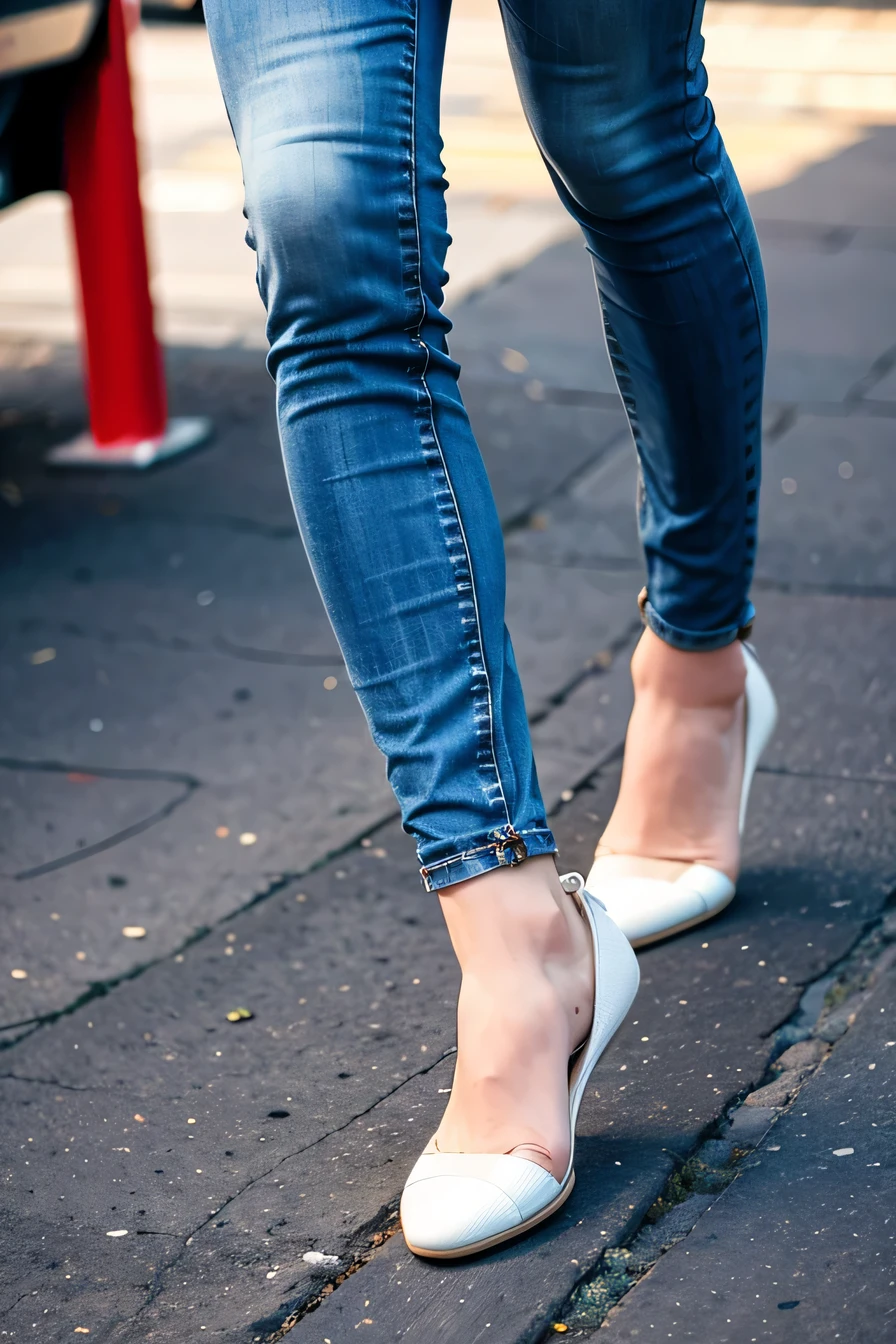 Woman in sneakers , feet, Skinny jeans、close