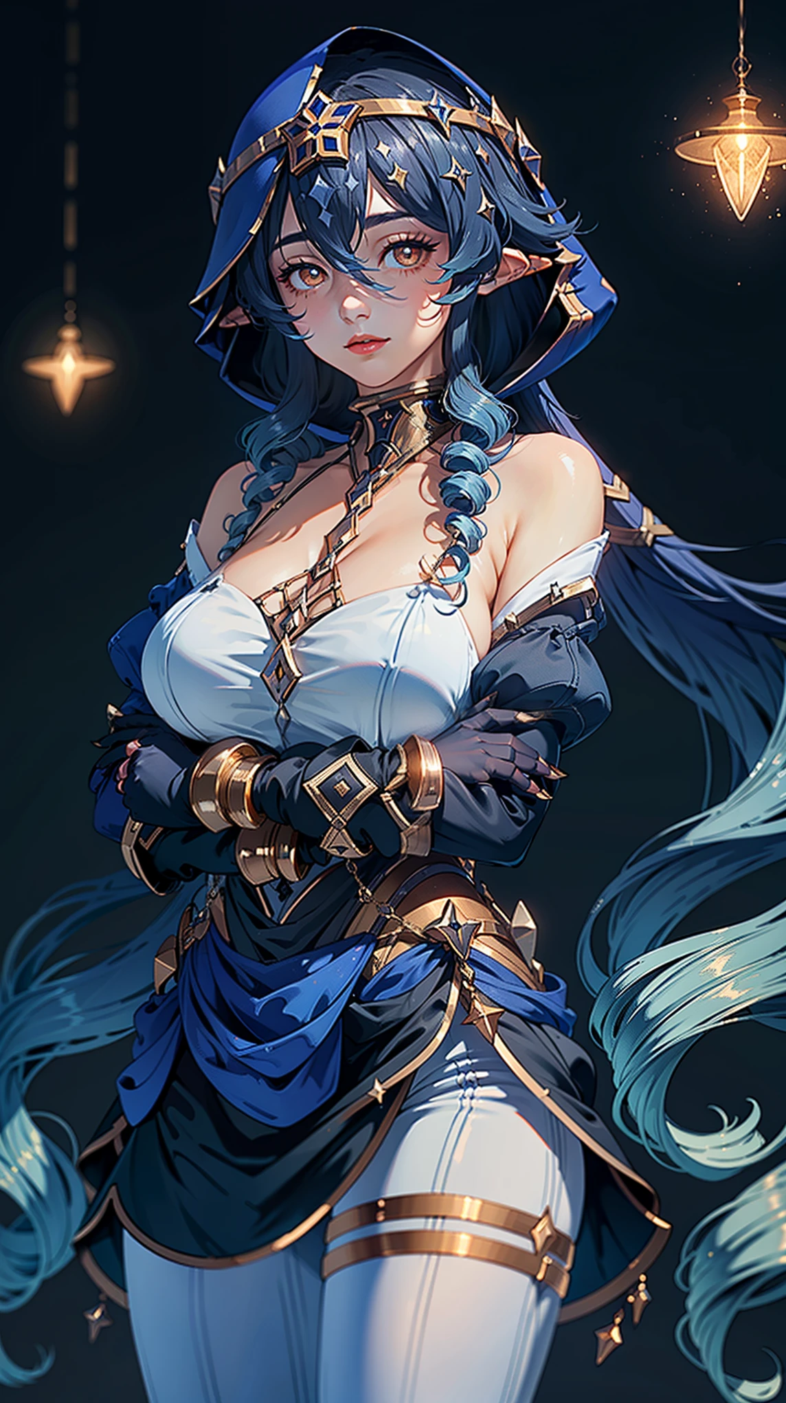 Masterpiece, ultra detail, high quality, 8k cg, huge breast, layladef, night, blush, smile, bright eyes, standing, (eyes shining:1.5), detailed upper body, crossed arms,