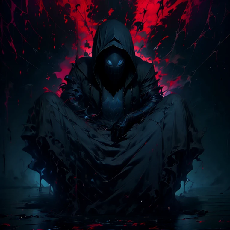 a man in a hoodie crouches down in the rain, clayton crain, spider - verse art style, dark blue leather armor, leon tukker, real trending on instagram image, nypd, inspired by Sebastian Spreng, spider webs, stunningly detailed, black energy, by François Quesnel, hacker