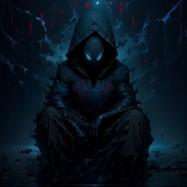 a man in a hoodie crouches down in the rain, clayton crain, spider - verse art style, dark blue leather armor, leon tukker, real trending on instagram image, nypd, inspired by Sebastian Spreng, spider webs, stunningly detailed, black energy, by François Quesnel, hacker