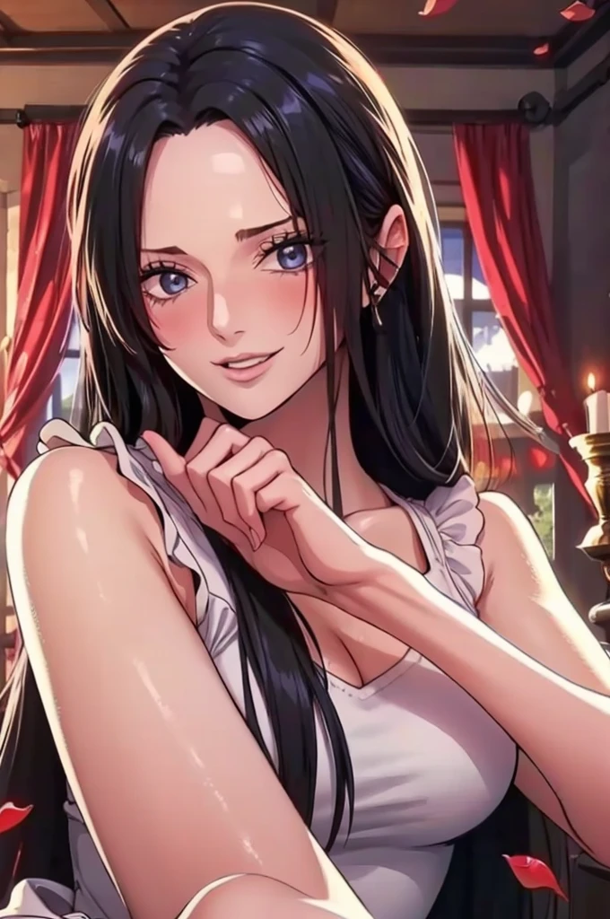 best quality, masterpiece, highly detailed,1girl, ((rose)), (vine), cage, bandage, red rope, (detail light), falling rose petals, Boa Hancock, , (masterpiece:1.5), Detailed Photo, Smiling, Sexy, (8K, Best Quality: 1.4), (1girl), Beautiful Face, (anime realistic Face), (Black Hair, long Hair: 1.3), Beautiful Hairstyle, Realistic eyes, beautiful detail eyes, (white skin), beautiful skin, absurd, attractive, ultra high resolution, ultra realistic, high definition, golden ratio, (sexually aroused:1.5), Pinkish white skin, cool white light, sexy pose, Beautiful , white background, pink soft white light, Wear a white dress, sexy armpit